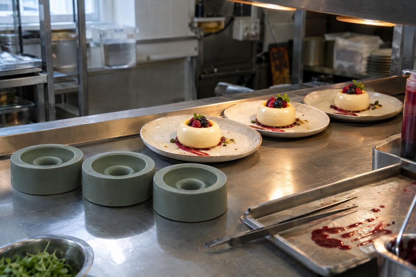 Matching silicone moulds and identical plated desserts on a kitchen pass.