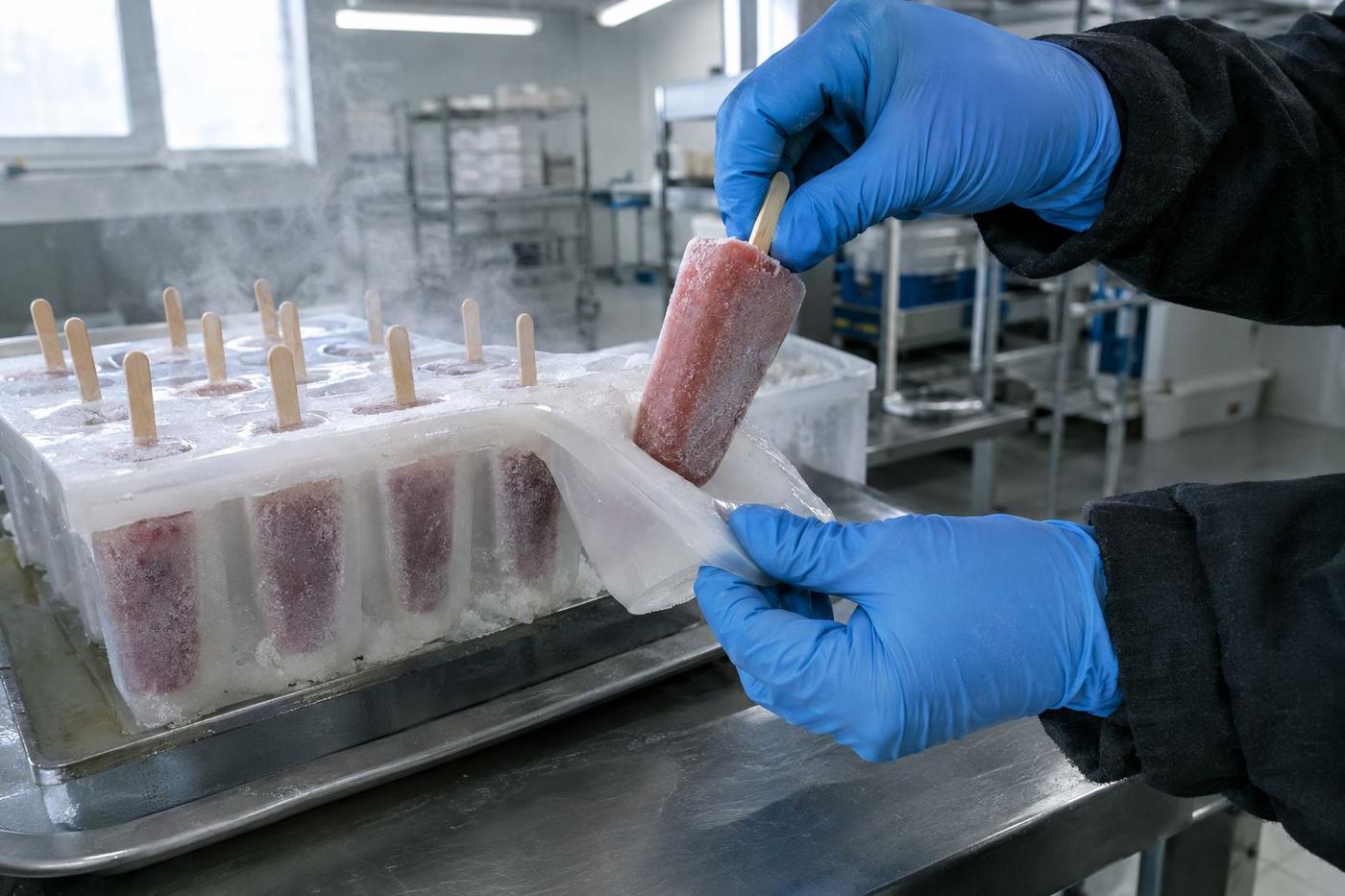 Gloved hands releasing a frozen lolly from a flexible silicone mould.