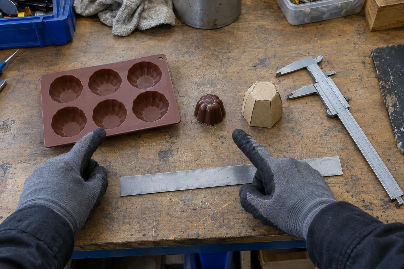 Sample mould, tools and gloved hands discussing first mould specifications.