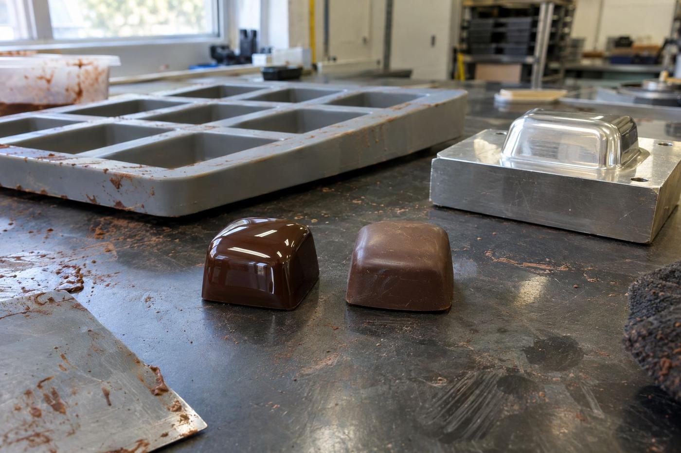 Glossy and dull chocolate pieces beside mould tooling for comparison.