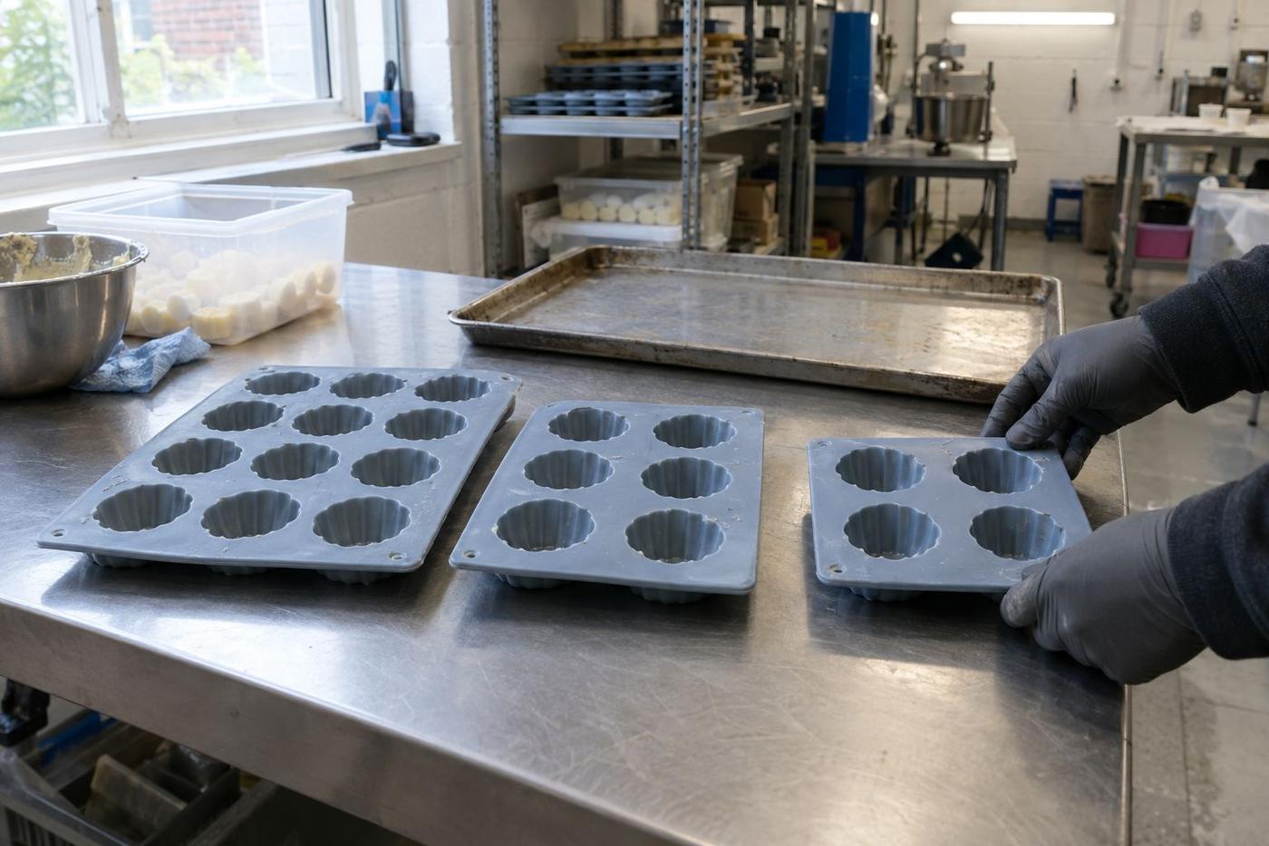 Three silicone trays with different cavity counts on a worktable.