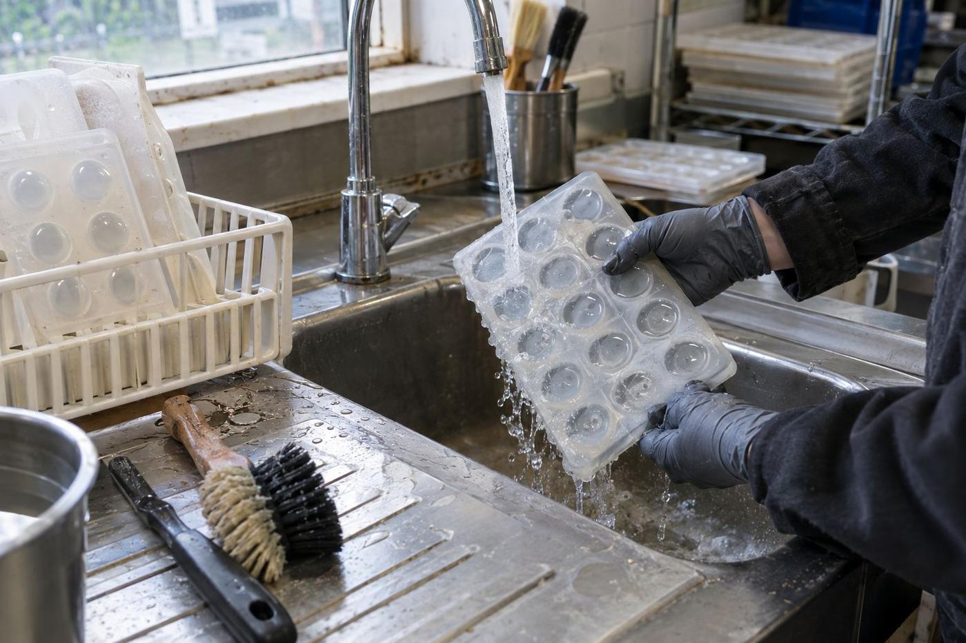 Gloved hands rinsing a silicone bonbon tray beside a drying rack.