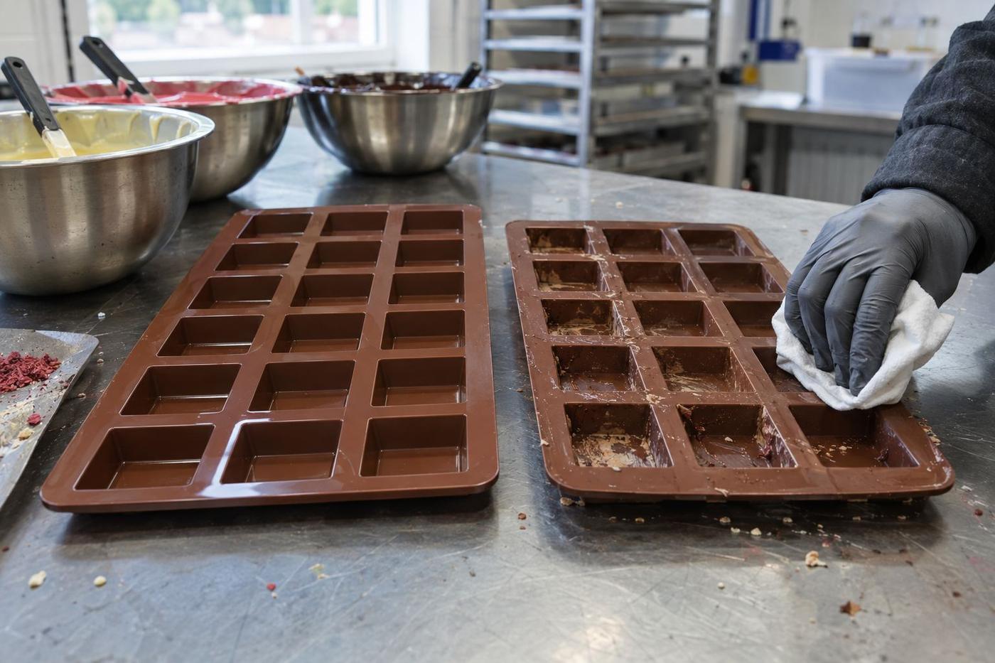 Silicone chocolate moulds showing clean and residue-lined cavity surfaces on a bench.