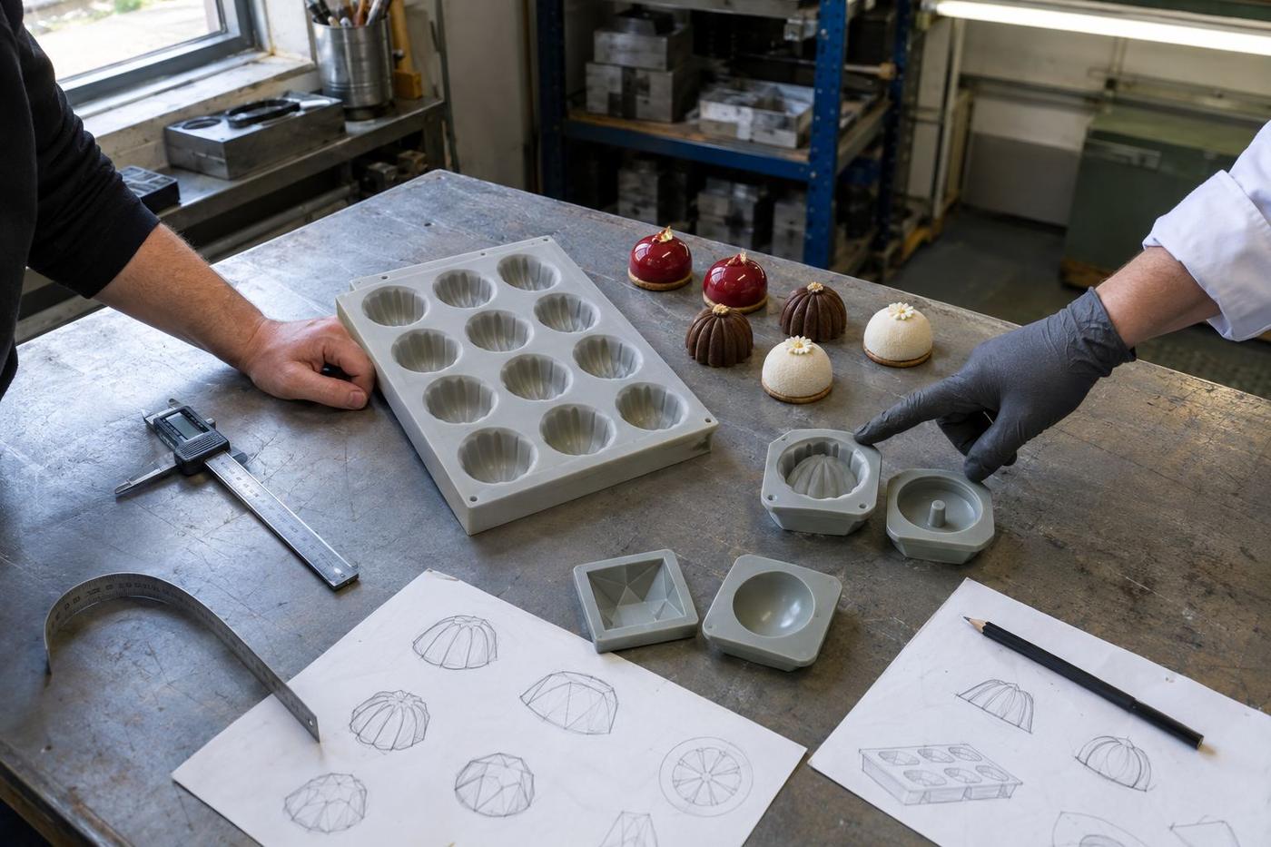 Prototype mould, pastries, calipers and hands discussing cavity design overhead.