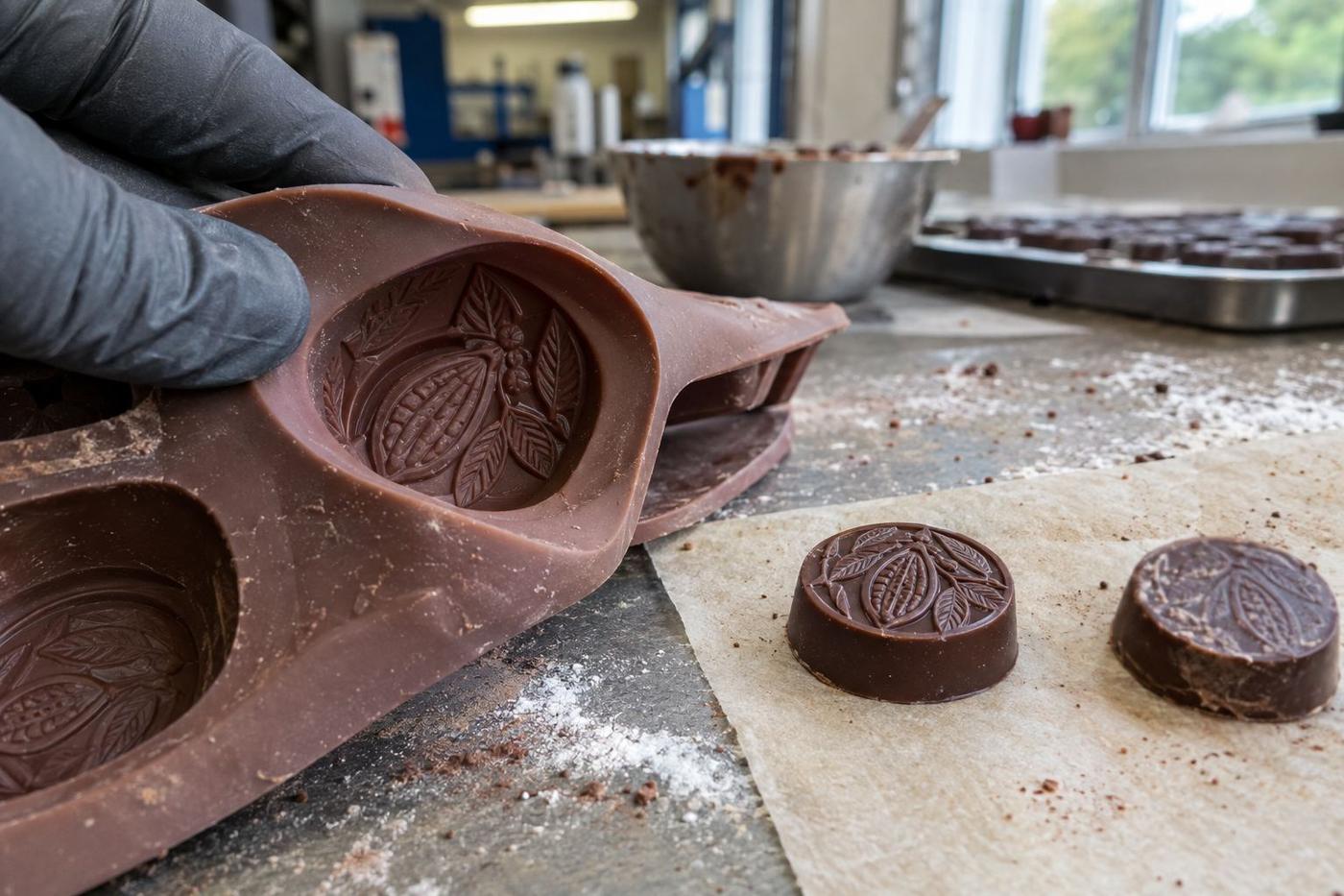 Embossed silicone cavity beside chocolates with sharp and blurred impressions.