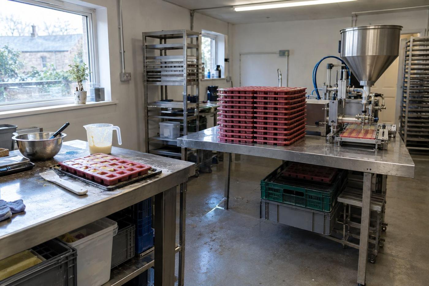 Small production room showing hand-poured trays and larger repeat-production moulds.