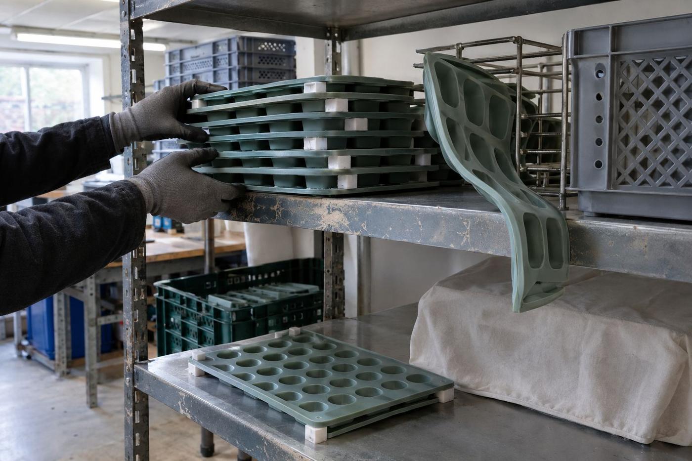 Silicone trays stored flat and spaced on a worn metal rack.