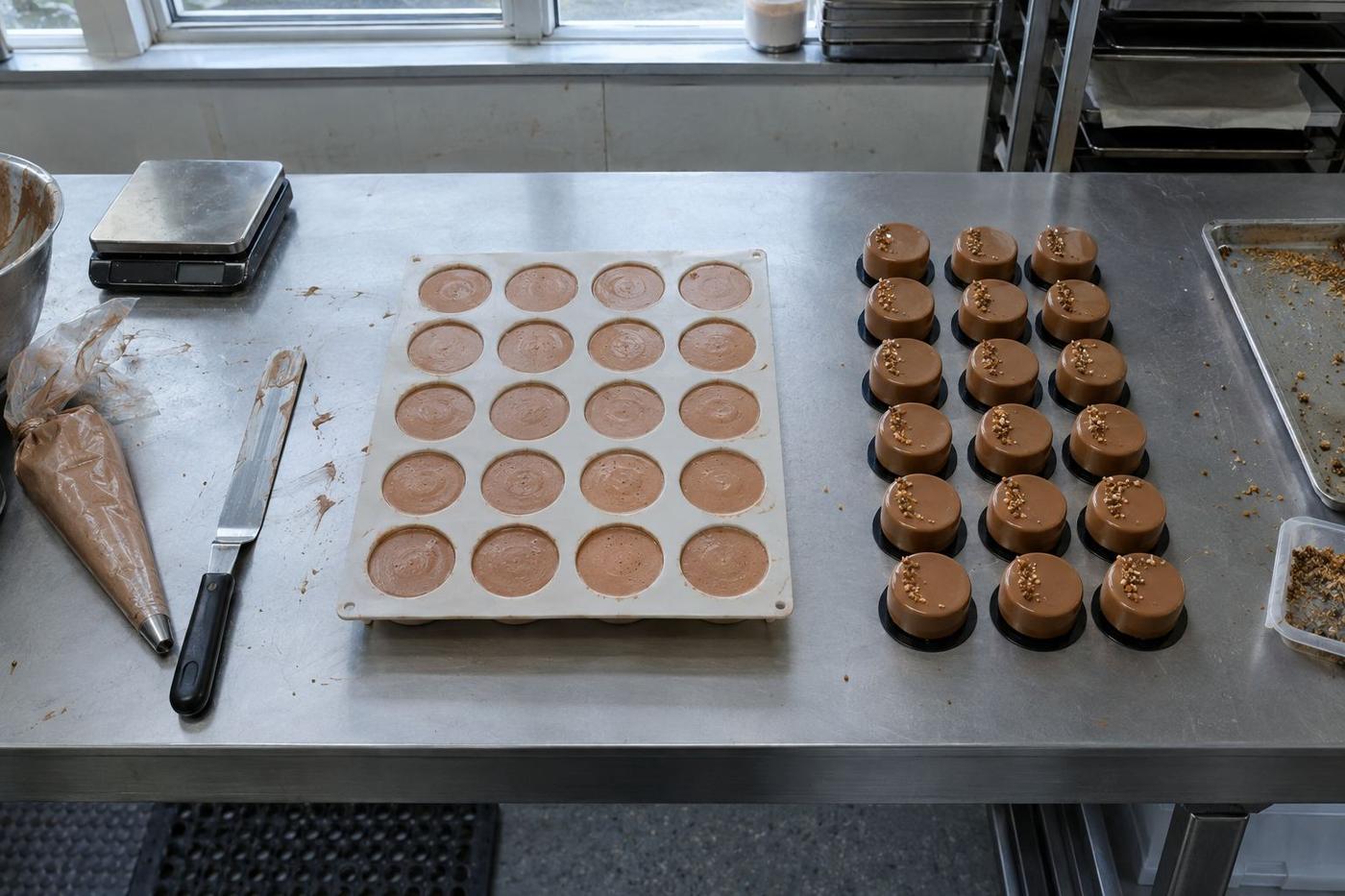 Filled silicone dessert tray with evenly portioned cavities on a pastry bench.