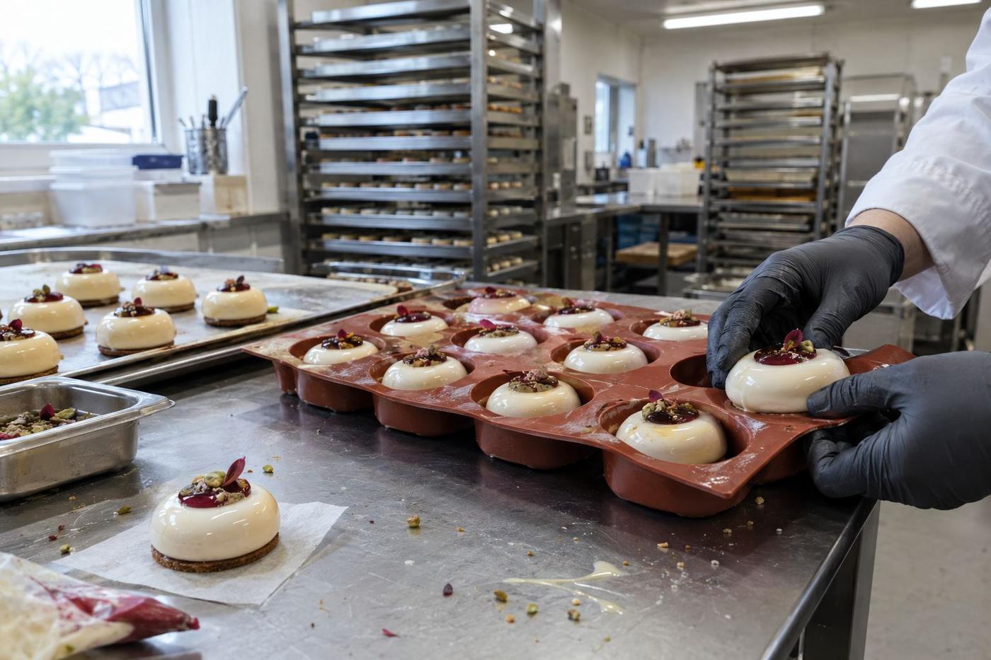 Gloved hands unmoulding repeated dessert components beside a single reference portion.