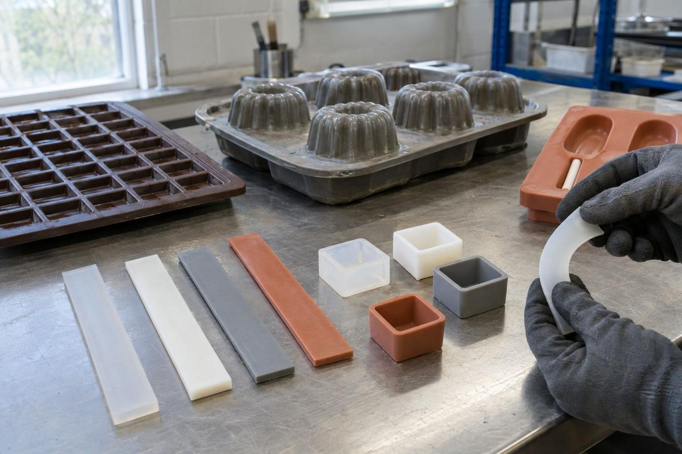 Food-grade silicone samples and mould pieces in several colours and forms.