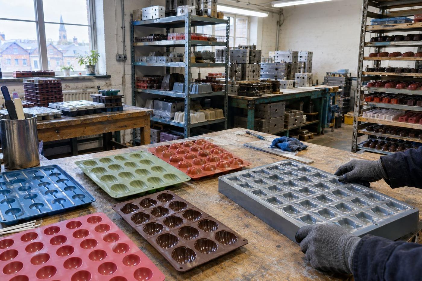 Workshop with assorted food-safe silicone trays and gloved hands inspecting one.