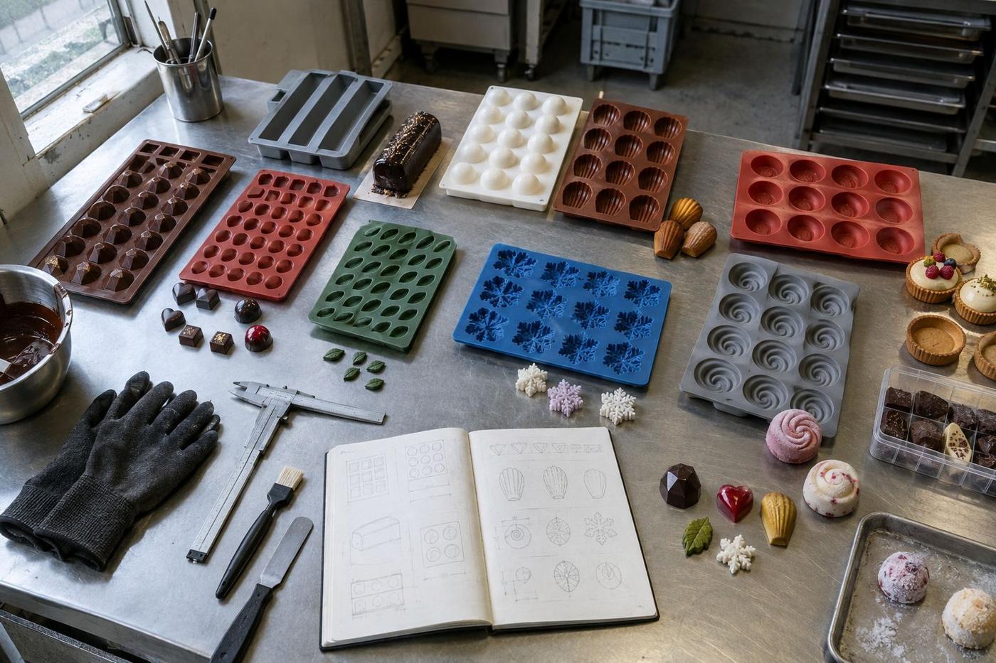 Assorted silicone mould examples and tools arranged on a prep table.