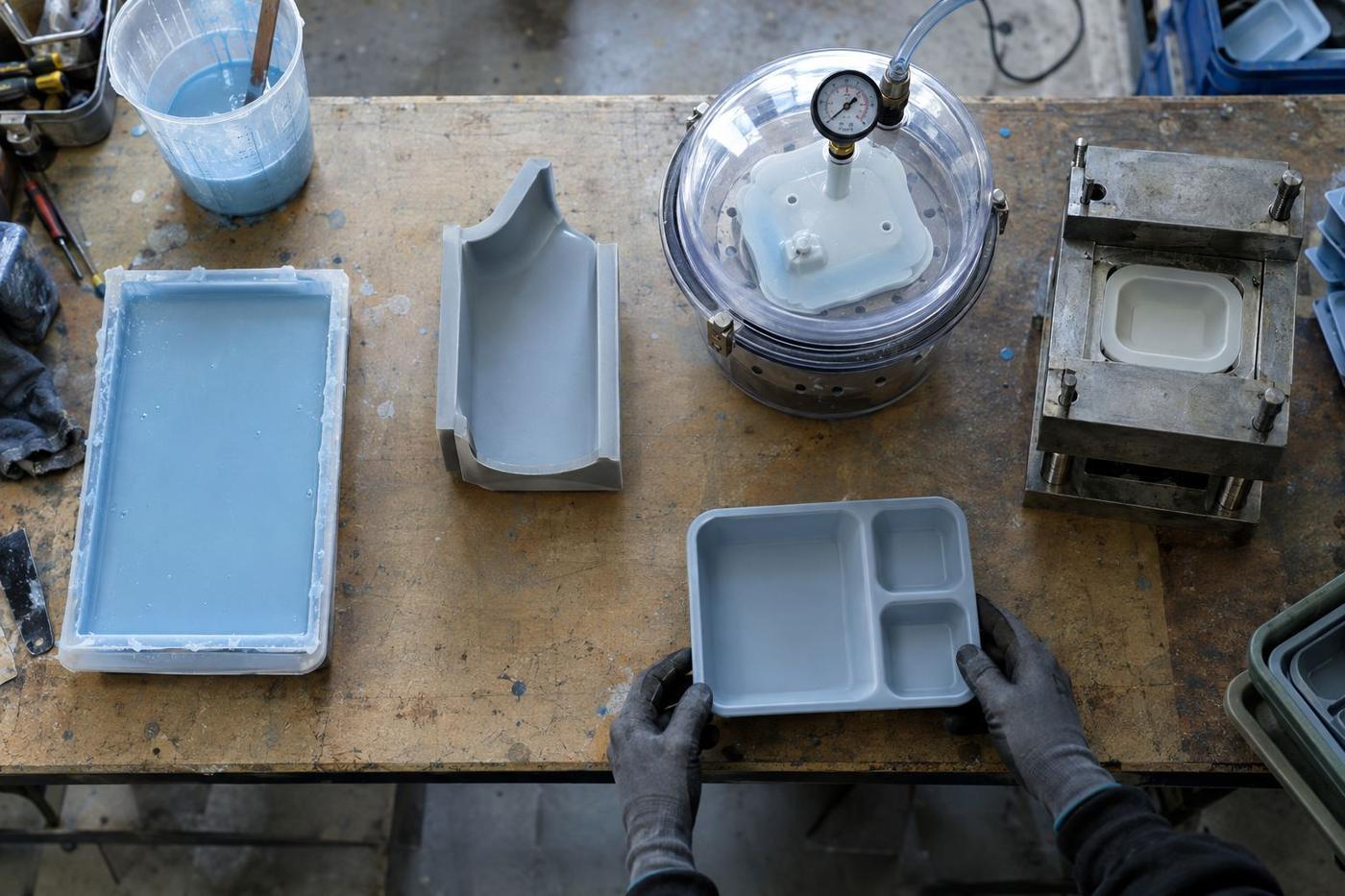 Different silicone moulding route samples arranged overhead on a workshop table.