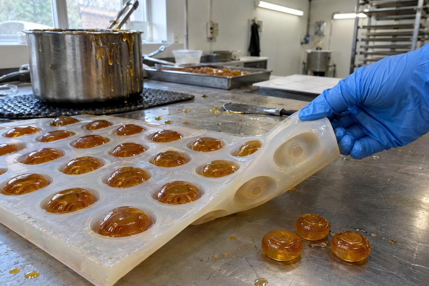 Gloved hand flexing silicone sweet mould beside freshly cast boiled sweets.