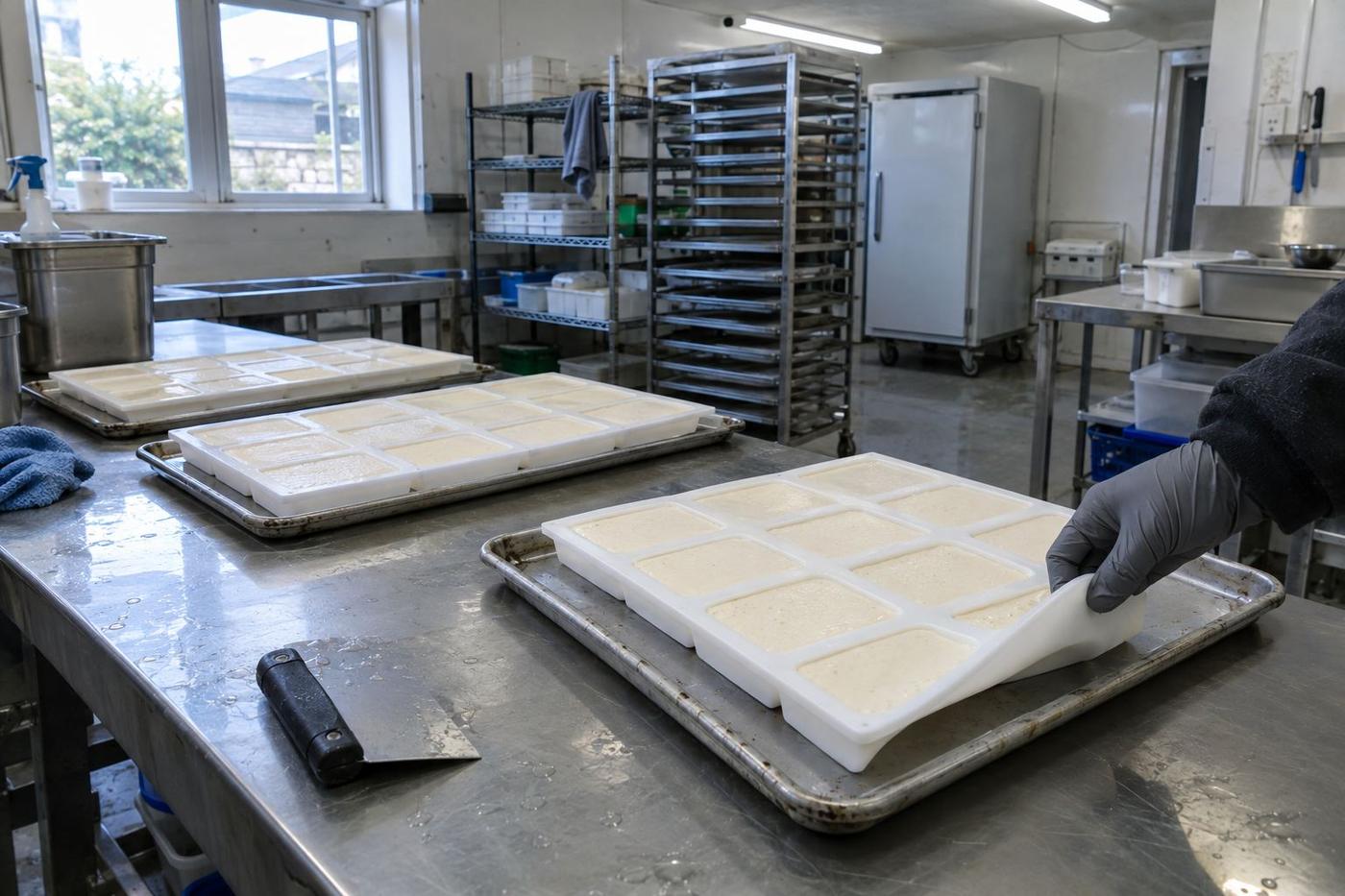 Silicone mousse trays with uniform portions on a catering preparation bench.