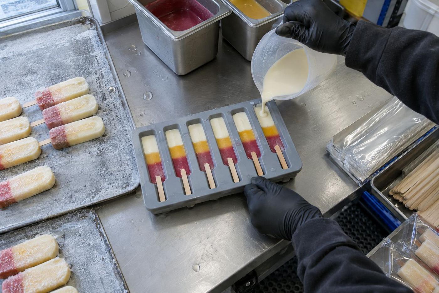 Overhead view of three-colour lolly mould with sticks being filled.