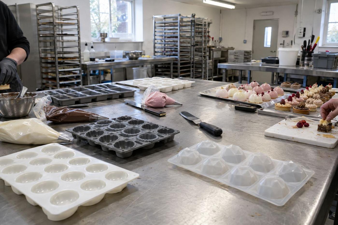 Assorted teaching silicone moulds spread across a pastry school worktable.