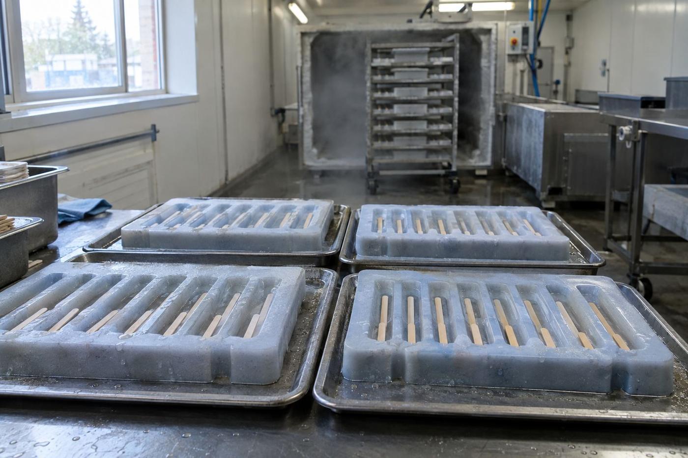Multi-cavity gelato stick-bar moulds lined up with wooden sticks inserted.