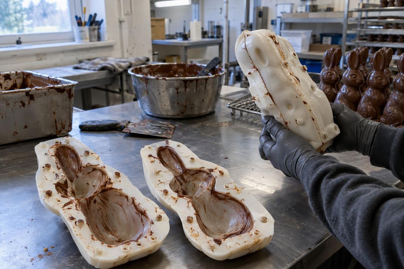 Two-part silicone bunny mould being held ready for chocolate rotation.