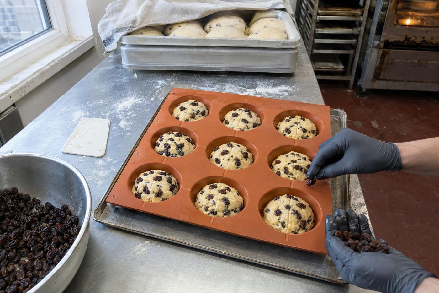 Tea-cake silicone mould with dough portions and raisins being adjusted.
