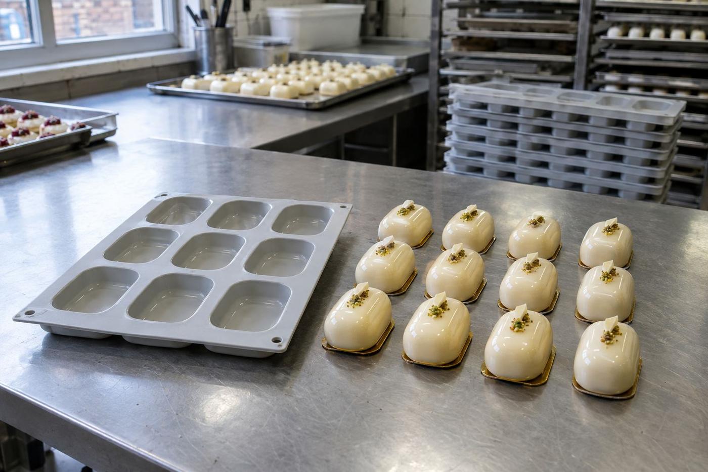 Identical mousse desserts beside a matching silicone entremet tray.