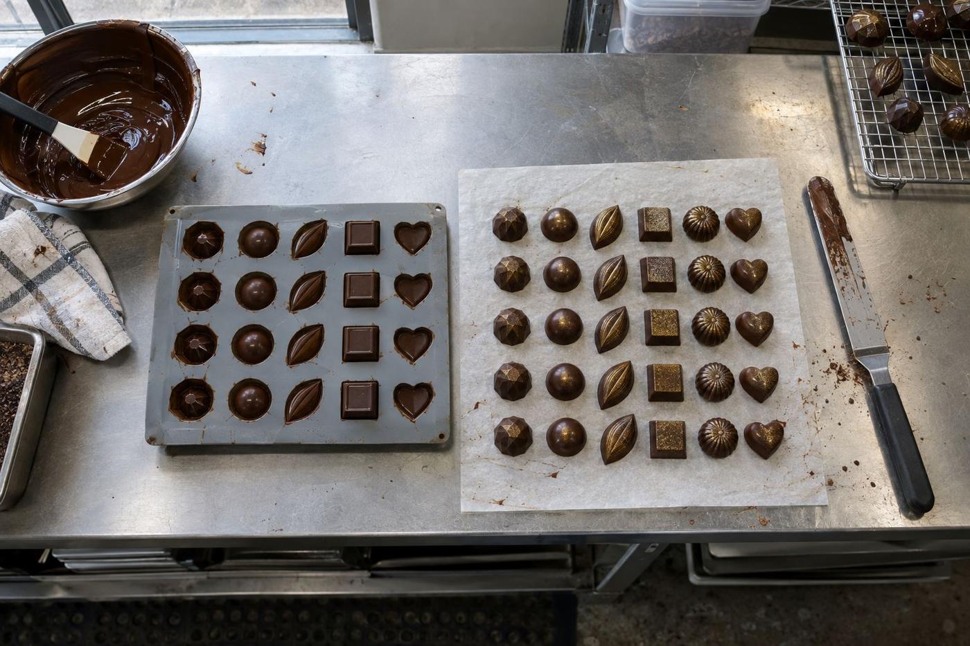 Praline tasting tray showing repeated cavity shapes beside finished chocolates.