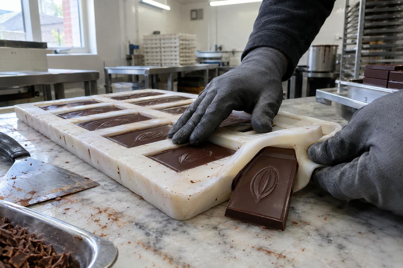 Chocolate bar released from flexible silicone mould on a workbench.