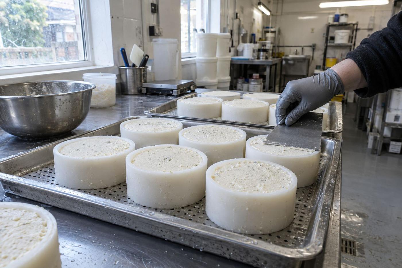 Round silicone cheese wheel moulds being filled and levelled by hand.