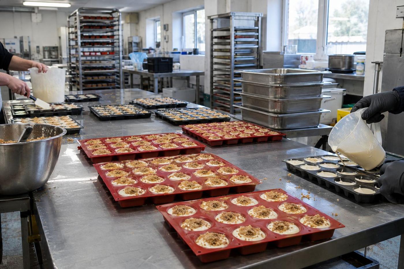 Uniform dessert portions in silicone trays across a catering kitchen table.