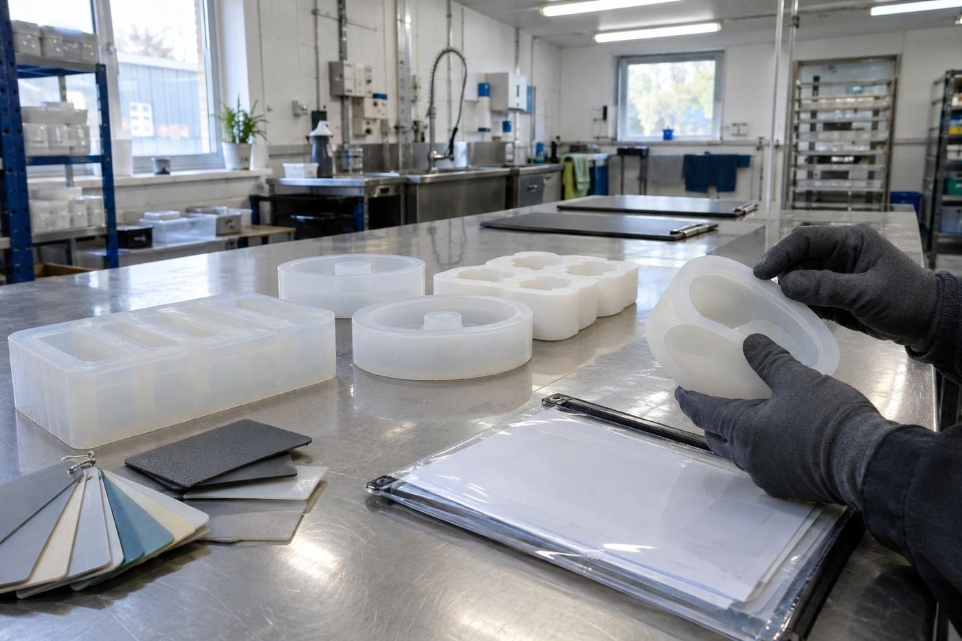 Food-grade silicone moulds and paperwork wallet on a quality inspection bench.