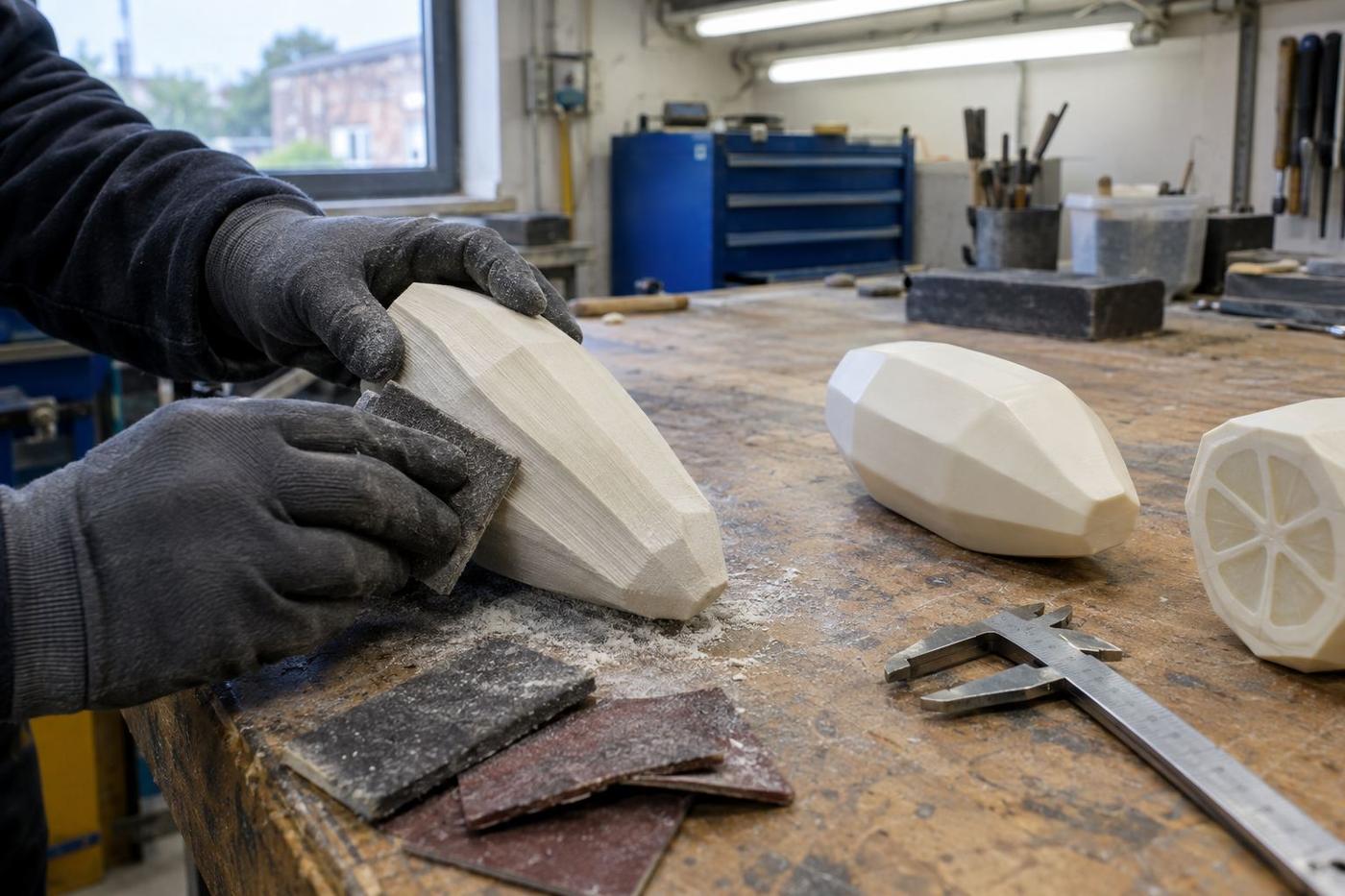 Gloved hands finishing a 3D printed master for food mould making