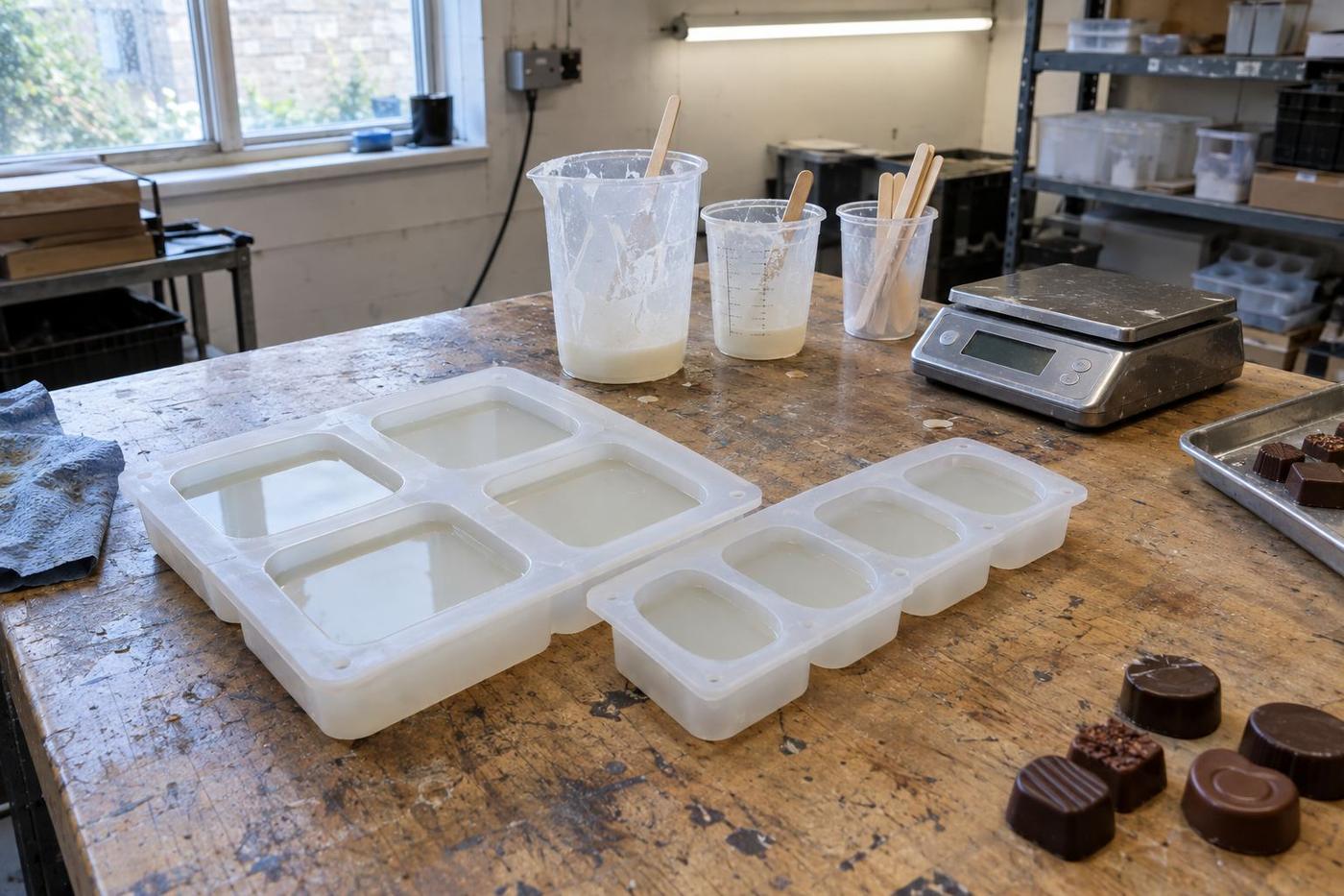 Hand-poured silicone trays with four and six cavities on a workbench