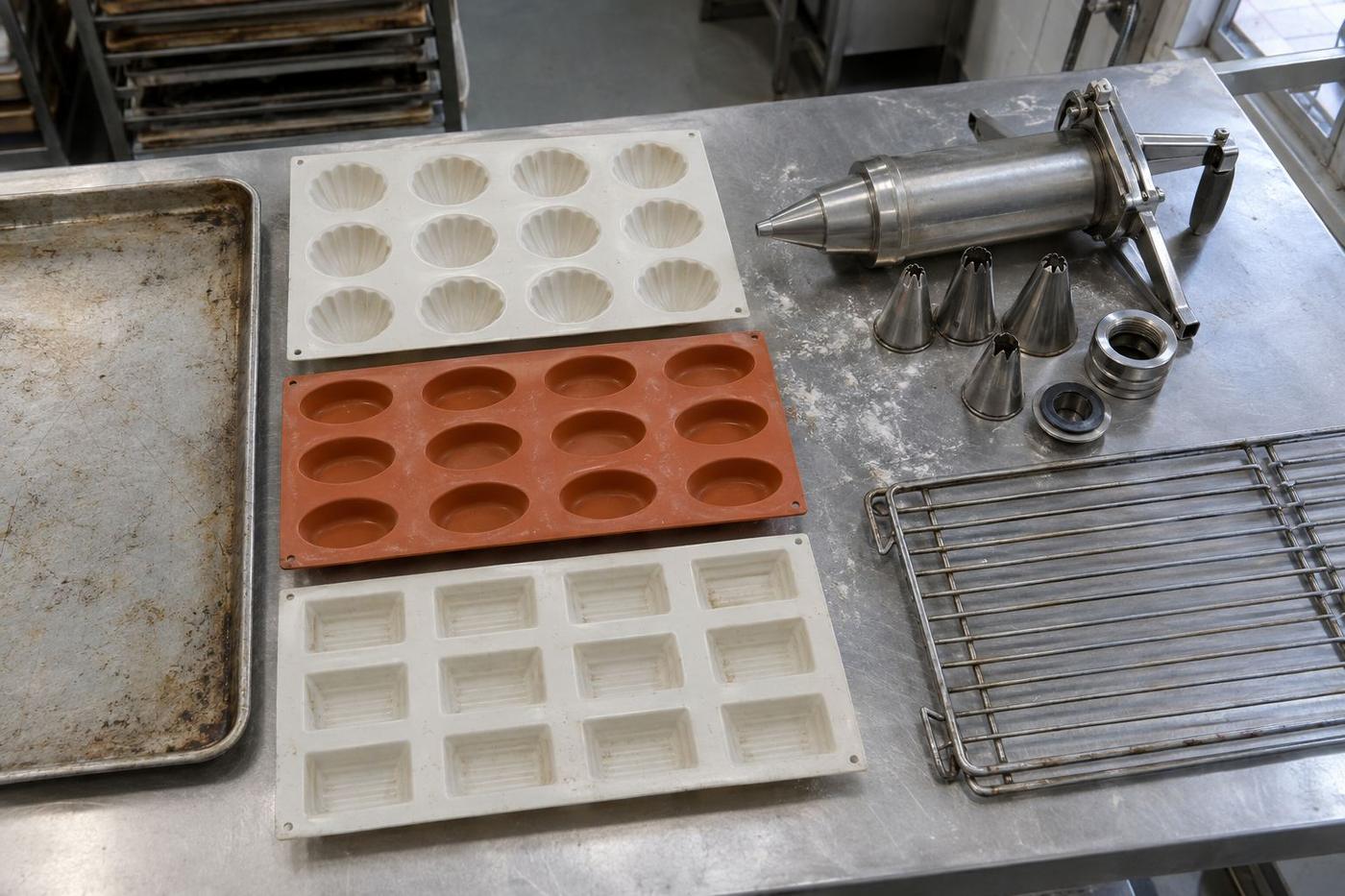 Bakery silicone moulds arranged with tray, rack and depositor parts