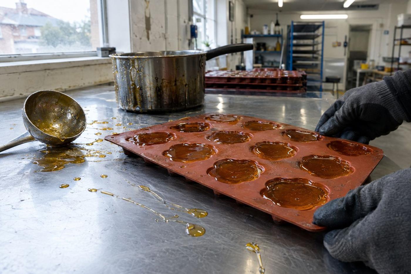 Hot sugar sweets cooling in a silicone mould on a workbench
