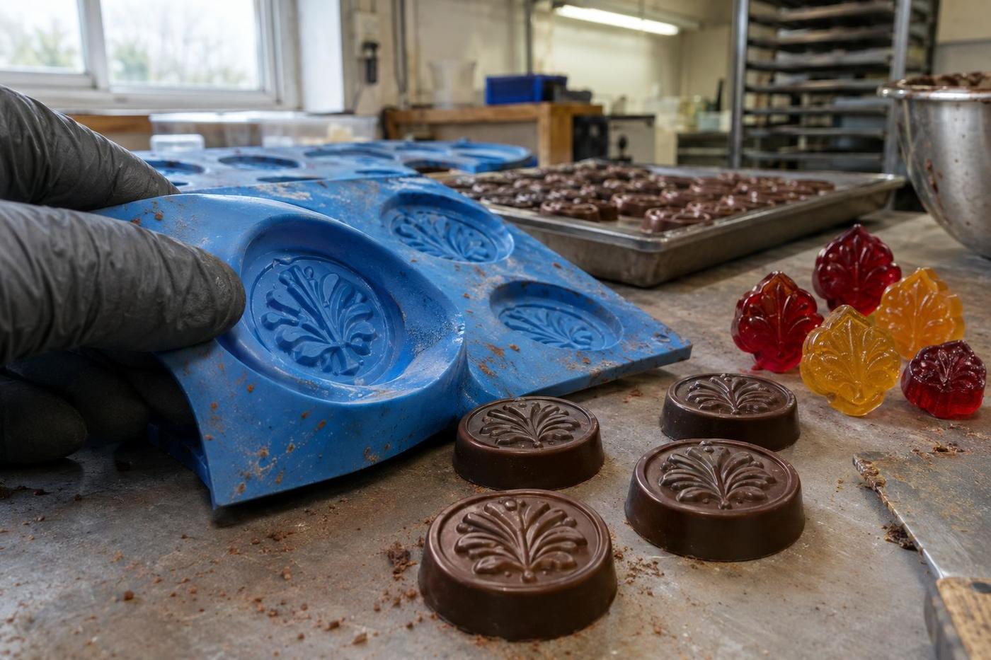 Detailed silicone cavities and finished sweets with embossed surface patterns