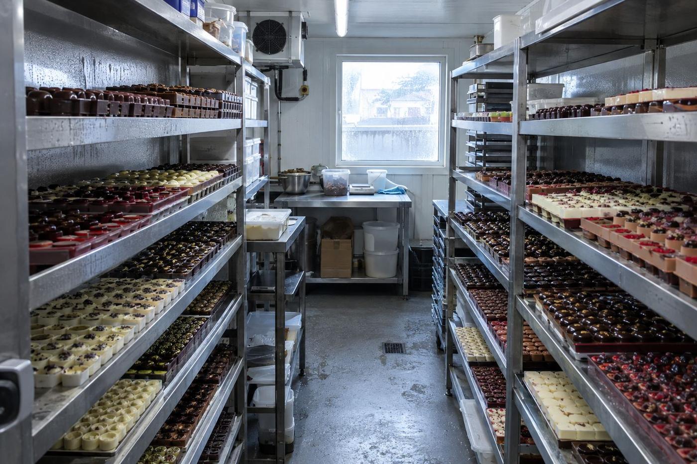 Custom silicone trays fitted closely across chilled storage shelves