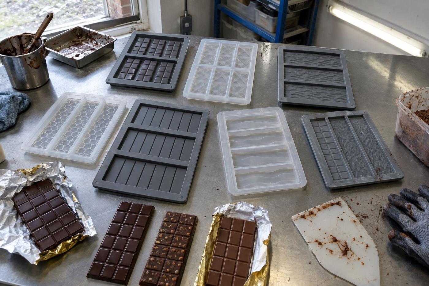 Chocolate bar moulds with different cavity layouts and finished bars
