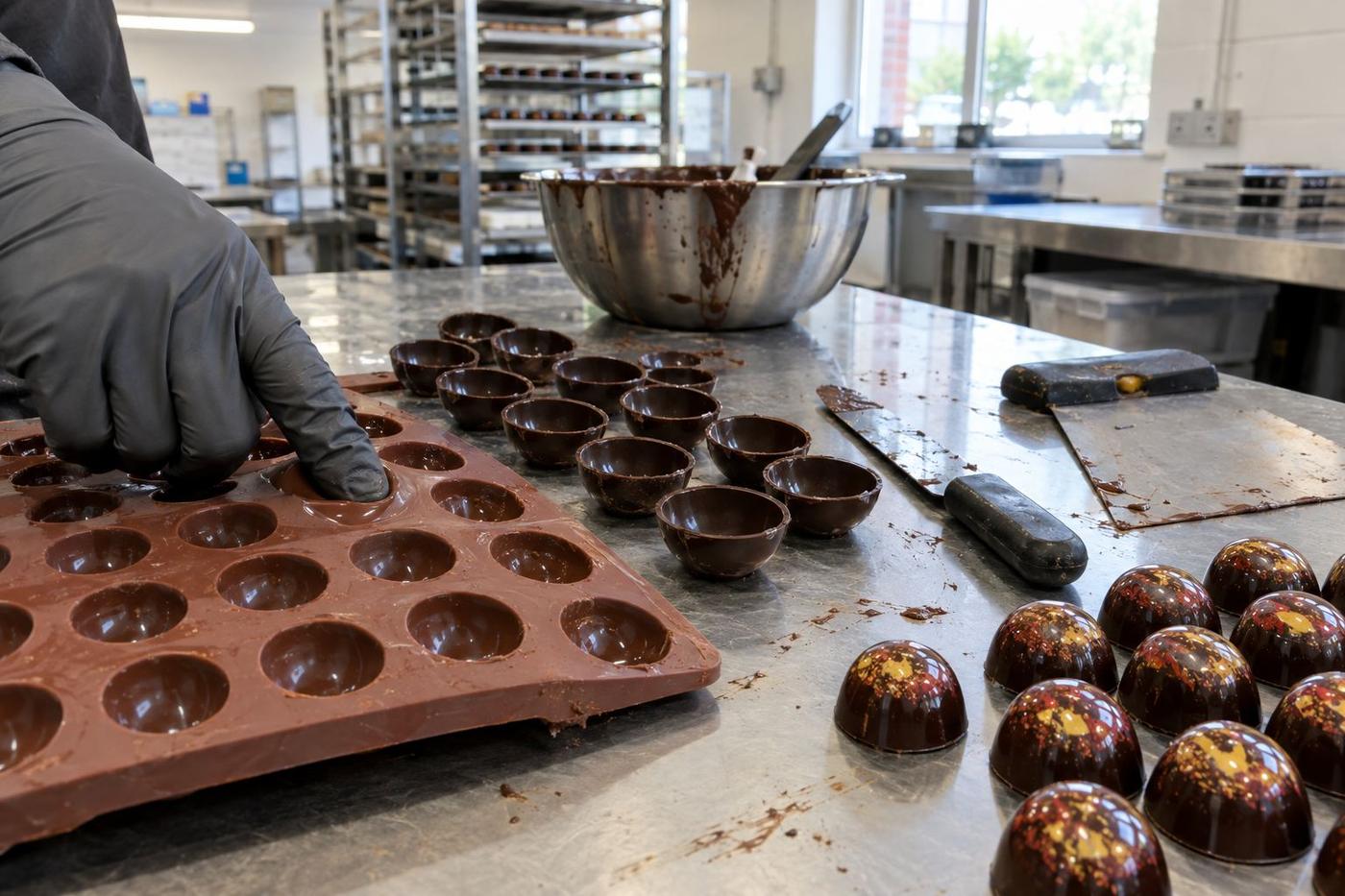 Silicone bonbon mould with thin shells and capped chocolates