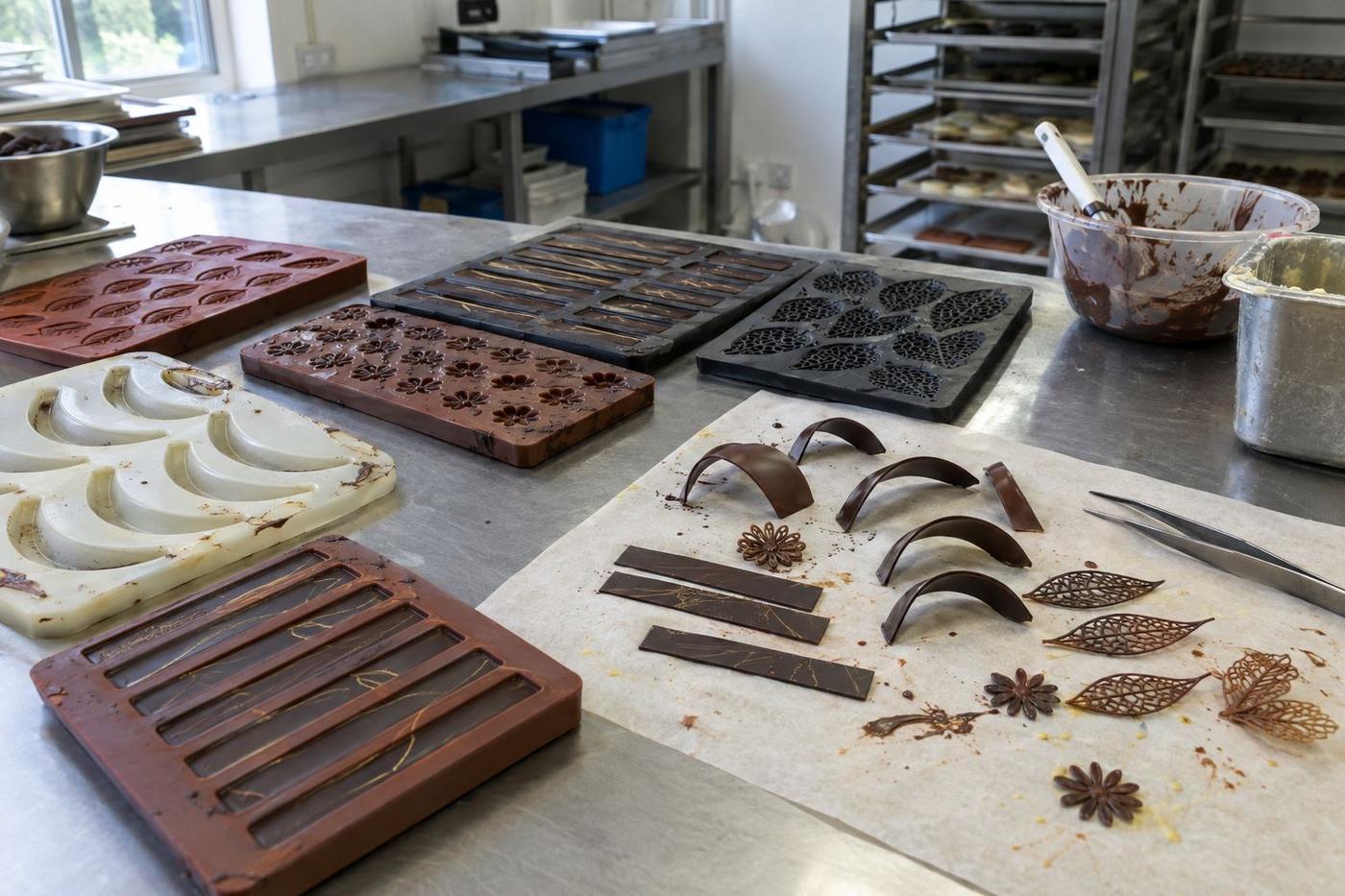Chocolate decoration moulds with plaques and topper pieces on a bench