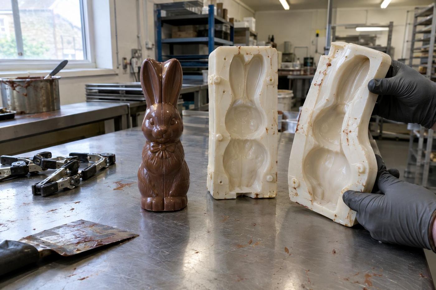Two-part silicone mould and hollow chocolate figure with subtle seam