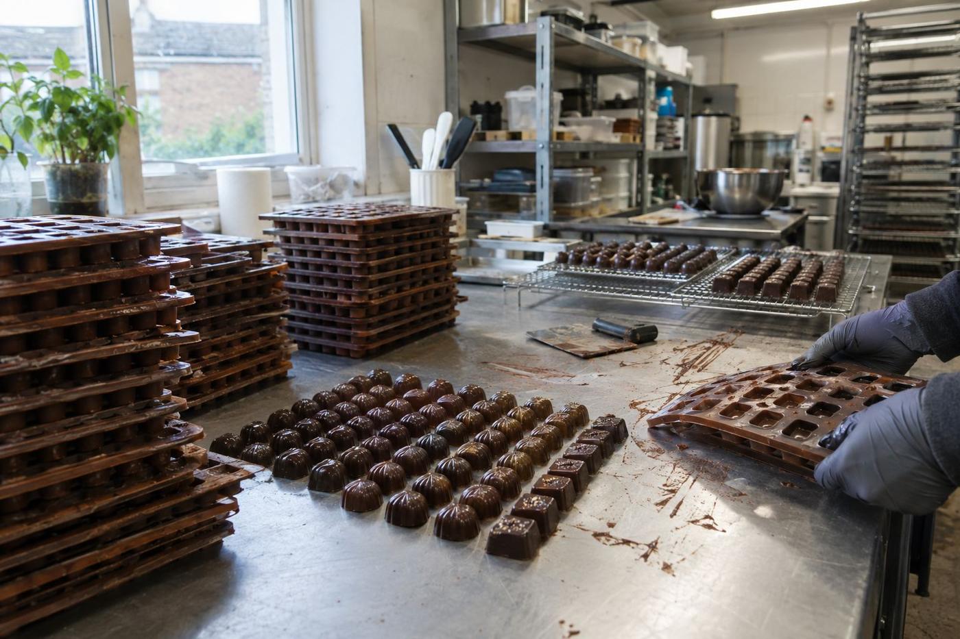 Stacks of silicone chocolate mould trays beside freshly released chocolates