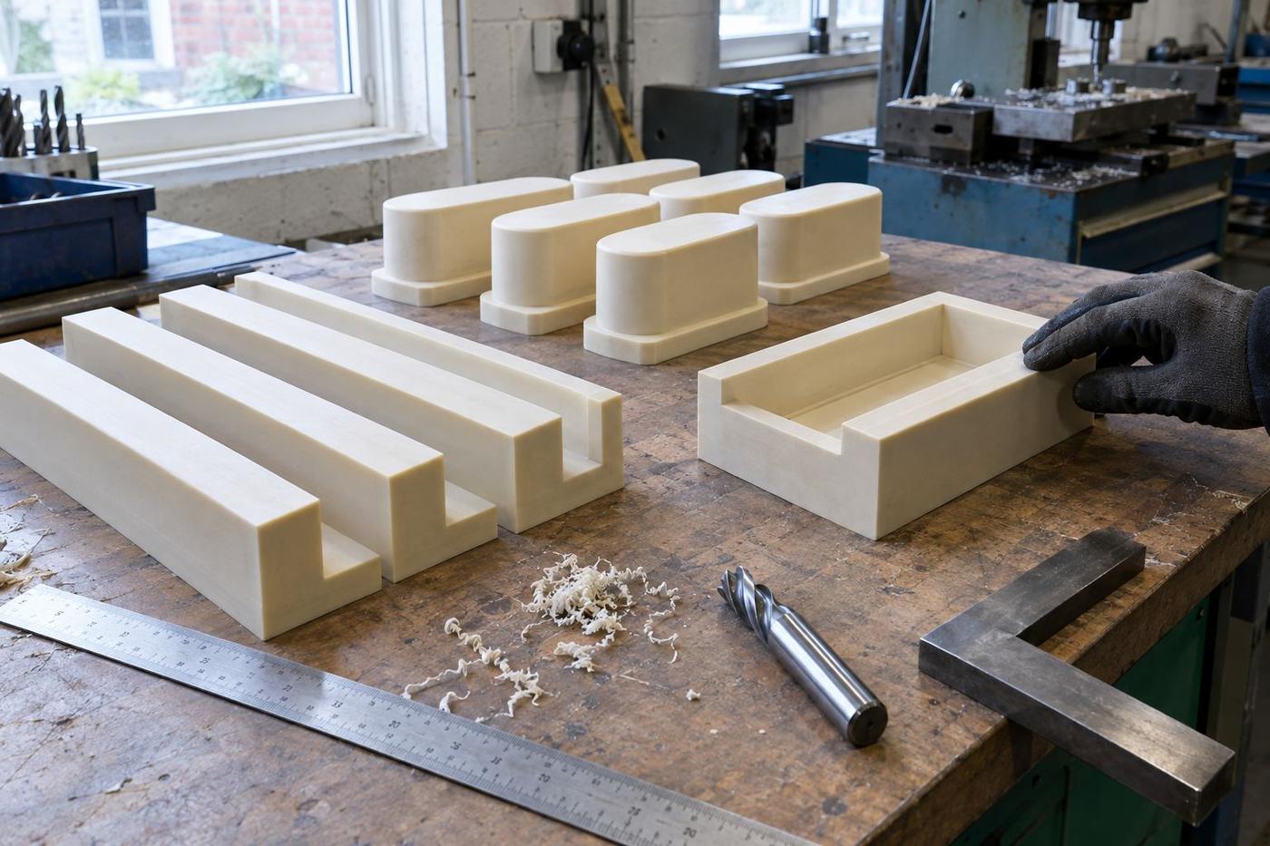 Machined food master patterns with sharp edges on a workshop bench