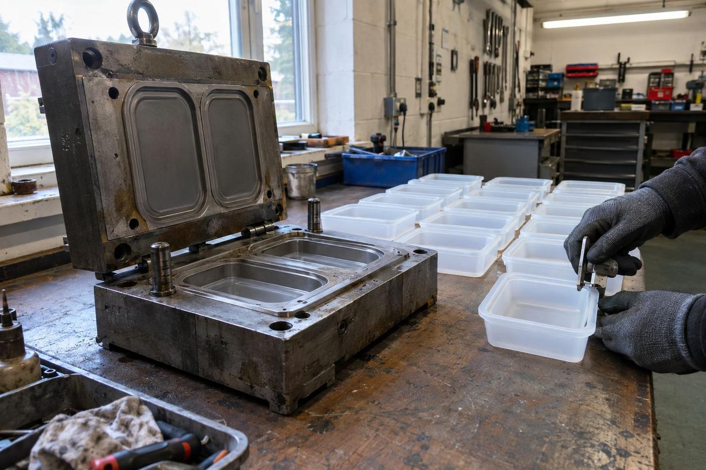 Open steel tool and identical silicone trays on a workshop bench