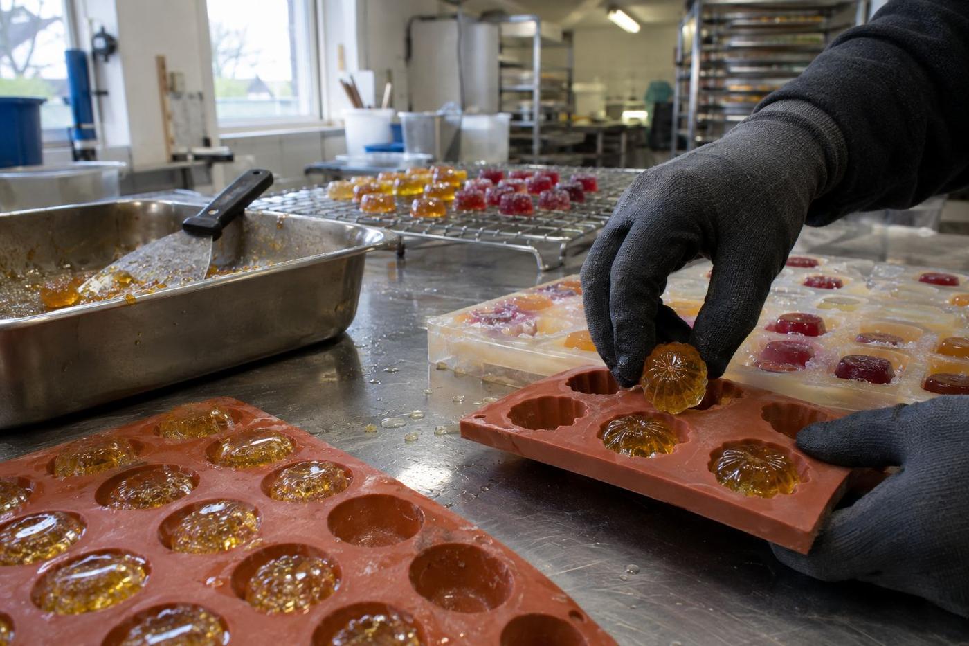 Gloved hand releasing sweets from silicone confectionery moulds on a bench
