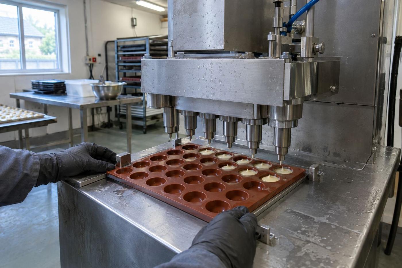 Silicone tray aligned beneath depositor nozzles in a production room