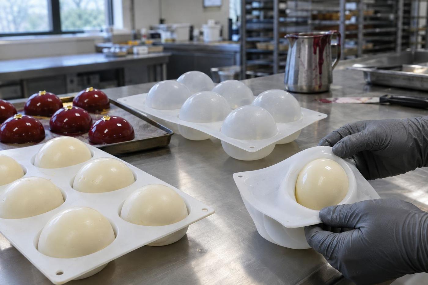 Silicone dome and sphere moulds with smooth mousse desserts