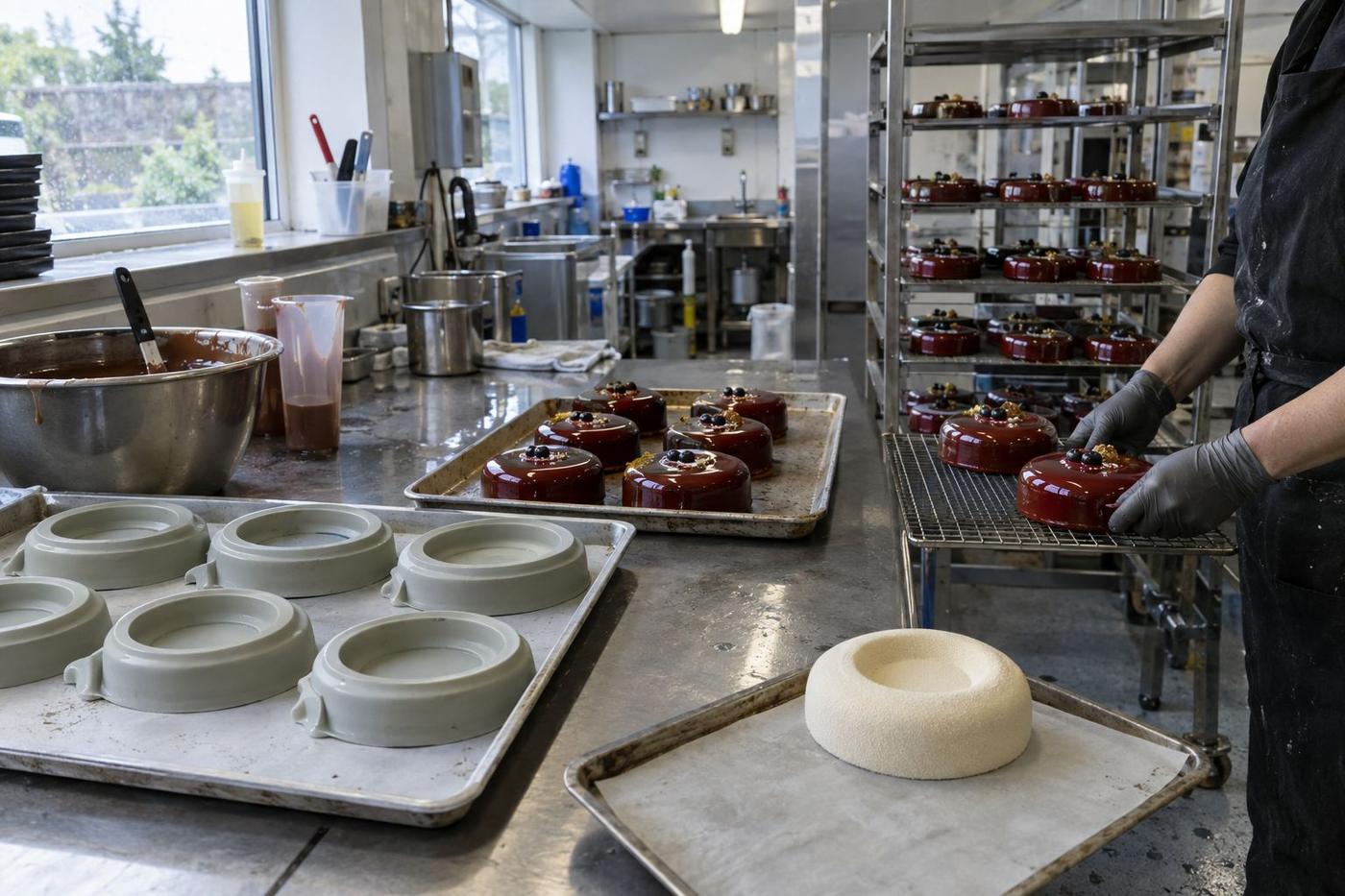 Patisserie room with entremet moulds, trays and glazed cakes