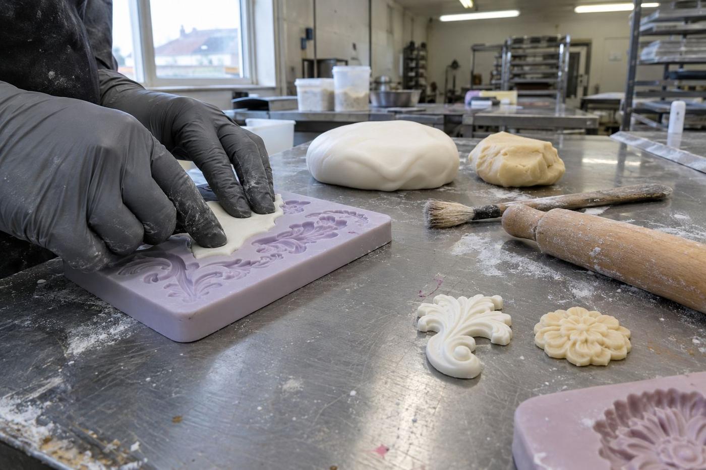 Fondant being pressed into a detailed silicone decorating mould