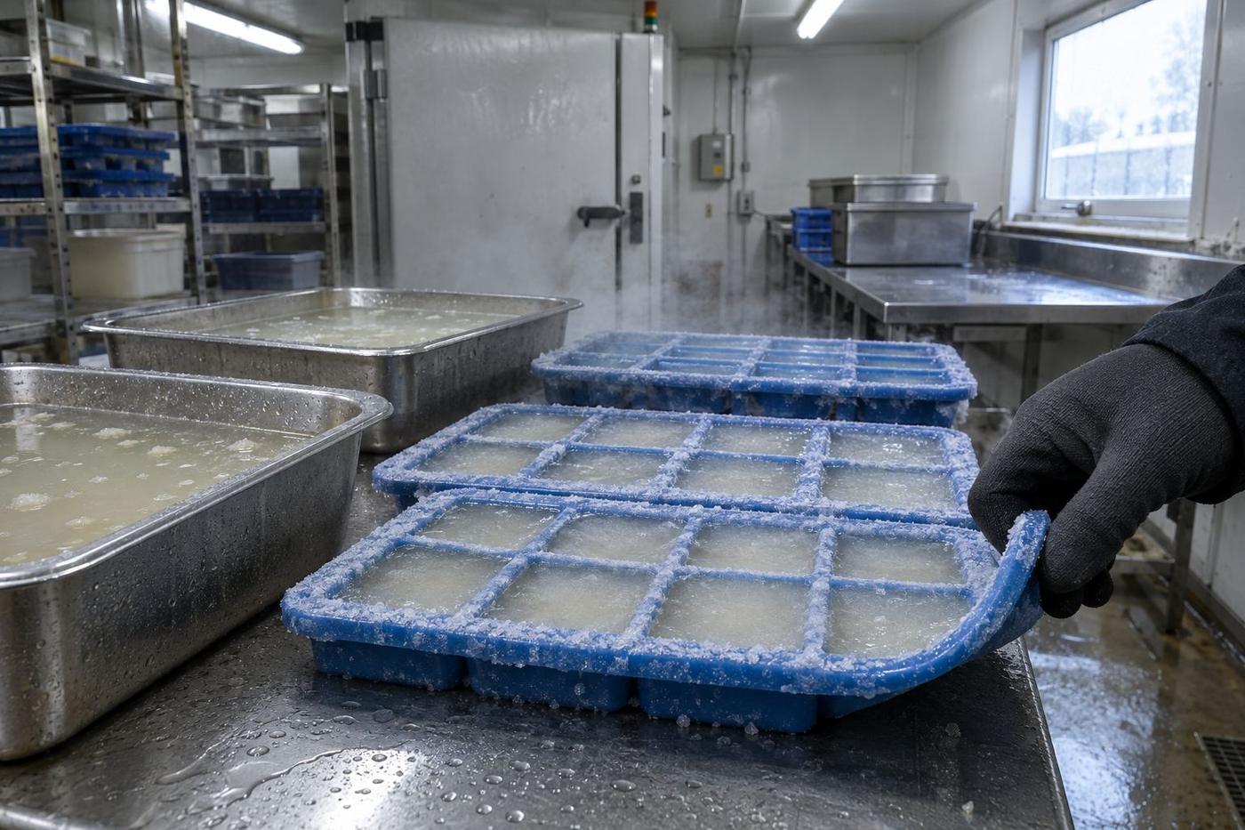 Frosted silicone trays beside brine tubs in a chilled room