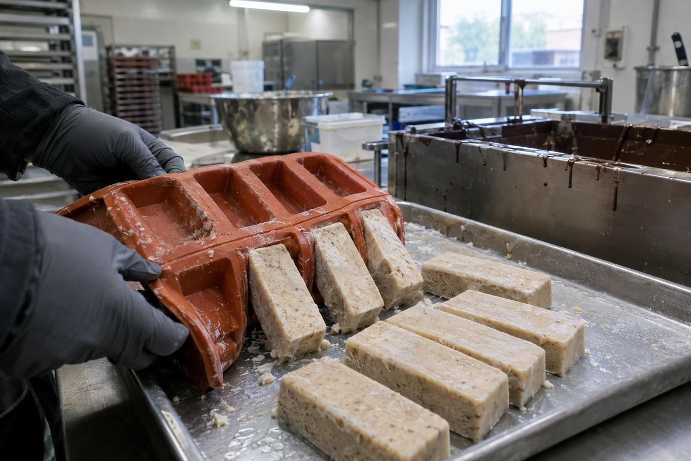 Dense gelato bars being released from a flexible silicone mould